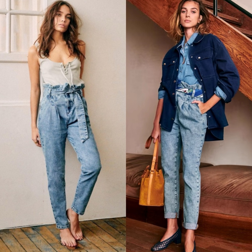 Sezane Austin Trouser Blue Denim Jeans High Waist Paperbag Size 34 French US 2‎